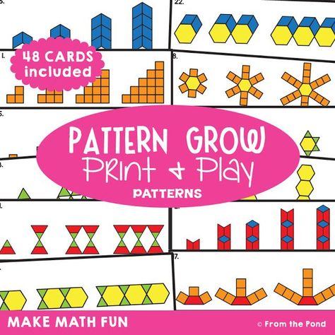 Growing Pattern Activity Cards - These printables will help you teach your little-ones to recognize, construct, analyze and predict growing patterns. | #FromThePond #TpT #TeachingPatterns #HandsOnLearning #LearningWithManipulatives #FineMotorSkills #TpT Growing Patterns, Games For Grade 1, Teaching Patterns, Grade 3 Math, Grade 2 Math, Math Patterns, Pattern Game, From The Pond, Pattern Activities