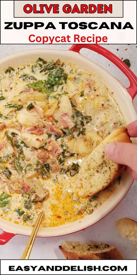 A bowl of zuppa toscana with a piece of toast dipped in it. Copycat Olive Garden Zuppa Toscana, Copycat Olive Garden Zuppa, Zuppa Toscana Soup Olive Garden, Olive Garden Zuppa, Chinese Chicken Salad Recipe, Olive Garden Zuppa Toscana, Copycat Olive Garden, Zuppa Toscana Soup, Tuscan Soup