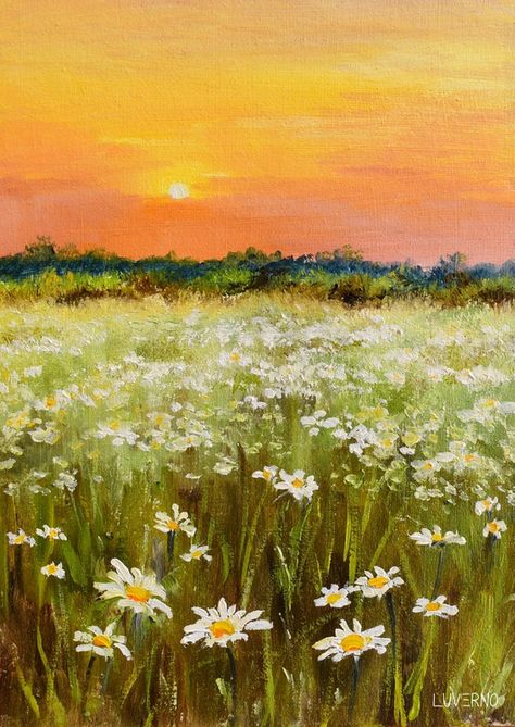 A spring afternoon Oil painting by LuvernoArt | Artfinder Nature Paintings Acrylic, Easy Landscape Paintings, Spring Afternoon, Wildflower Paintings, Oil Painting Nature, Illustration Mignonne, Canvas For Beginners, Landscape Art Painting, Canvas Painting Designs