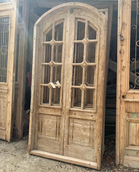 We love this set of arched French doors. We have two sets available. Measures 44” wide by 7’9” tall (doors). DM to inquire or purchase. | Instagram Arch French Doors, Glass Arch Door, Greenhouse Castle, Arched French Doors Interior, House Add Ons, Arched French Doors, Tall Doors, Attic Door, Old French Doors