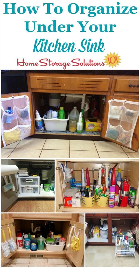 How to organize under your kitchen sink cabinet, with lots of real life examples from Home Storage Solutions 101 readers. Organizing Cabinets, Under Kitchen Sinks, Under The Sink Storage, Organization Challenge, Under Kitchen Sink, Kitchen Sink Cabinet, Sink Organization, Kids Cabinet, Kitchen Sink Organization