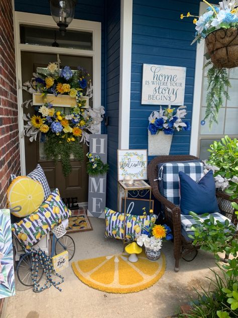 Blue And Yellow Decor Ideas, Blue Porch Decorating Ideas, Blue And Yellow Porch Decor, Lemons And Blue Decor, Blue House Porch Decor, Lemon And Blue Kitchen Decor, Lemon Porch Decor Ideas, Lemon Living Room Decor, Blue And White Porch Decor