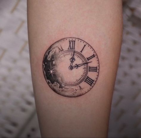 Roman Numeral Clock Tattoo Design, Midnight Clock Tattoo, Time After Time Tattoo, Astronomical Clock Tattoo, Dainty Clock Tattoo, Moon Clock Tattoo, Heart Pocket Watch Tattoo Design, Memento Mori Clock Tattoo, Women Clock Tattoo