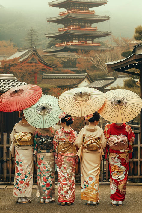 Traditional Japanese kimonos, patterned umbrellas, cultural attire, historic pagoda, Japan, autumn foliage, elegant kimono patterns, Japanese women, cultural heritage, travel Japan, historic architecture, autumn in Japan, kimono fabric, traditional Japanese fashion, geisha attire, tourism, cultural exploration, serene landscape, kimono obi, Japanese tradition. Japanese Pagoda, Group Of Women, Traditional Kimono, Autumn Foliage, Traditional Attire, Do You Know What, Fall Foliage, Kimonos, Umbrella