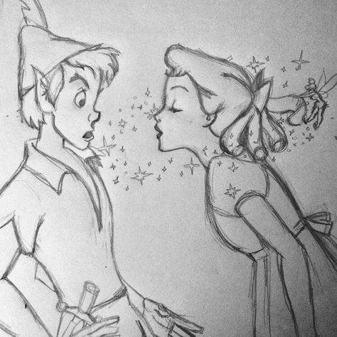 Disney's Peter Pan: concept sketch: I think I'll give you a kiss: Peter and Wendy: Disney Art: MJack Peter Pan Sketch, Pan Sketch, Peter Pan Drawing, Wendy Disney, Pan Drawing, Tinkerbell Drawing, Peter Pan Art, Peter And Wendy, Disney Art Drawings