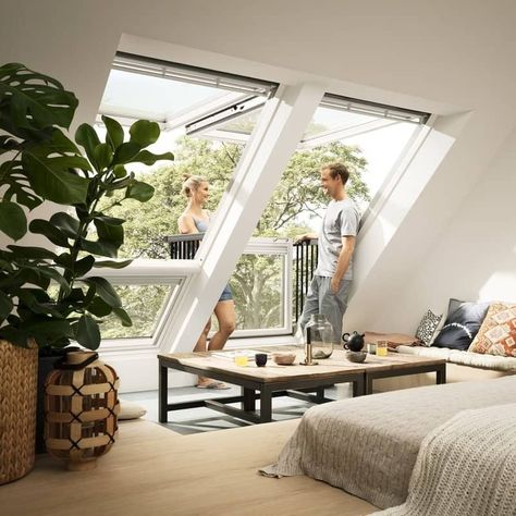 Velux Cabrio, Pitched Roof Window, Roof Balcony, Attic Renovation Ideas, Velux Windows, Low Ceiling Lighting, Attic Loft, Small Attic, Attic Conversion