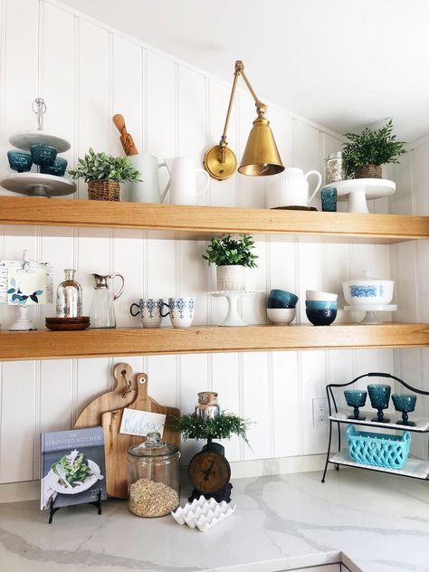 Coastal Kitchen Floating Shelves, Beadboard Behind Floating Shelves, Beadboard Shelves, Raised Ranch Kitchen, Floating Shelves Ideas, Raised Ranch Remodel, Shelving Decor, Key Kitchen, Kitchen Floating Shelves