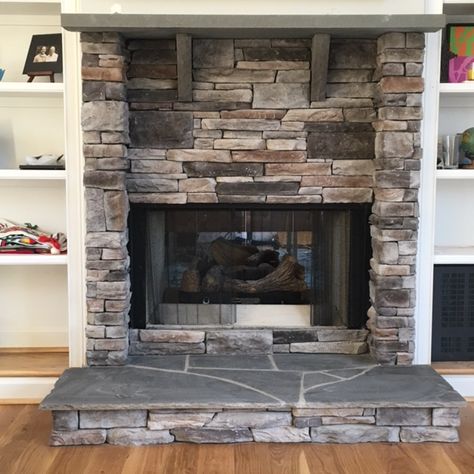 Centurion Stone of the Carolinas....  Kentucky Ledge and Kentucky Rubble Mix.    PA Flagstone on hearth and PA stone mantel. Flagstone Hearth, Corner Fireplaces, Hearth Ideas, Flagstone Pavers, Country Fireplace, Fireplace Stone, Stone Mantel, House Pics, Fireplace Shelves