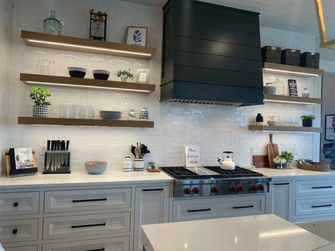 Floating Shelves Over Cooktop, Kitchen Floating Shelves Near Stove, Kitchen Hood Ideas With Floating Shelves, Floating Shelves Kitchen Next To Hood, Floating Shelves With Microwave, Floating Shelves Around Stove, Kitchens With Floating Shelves And Cabinets, Range Hood Floating Shelves, Kitchen Hood With Floating Shelves