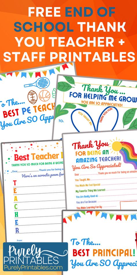 Free thank you teacher and staff printables have a wide variety of prompts and designs for students to write heartfelt notes to teachers, principals and specialists at the end of the school year. It's a meaningful gift for teachers that's free and can come from one student or the full class. free covers included too to make into a book. Fill-in-the-blank printables for teachers, principal, art teacher, pe teacher, librarian, music teacher and a generic for other staff members. #PurelyPrintables Meaningful Teacher Gifts End Of Year, End Of Year Principal Gifts, Thank You Teacher Printable, Teacher Appreciation Week Printables, Free Teacher Appreciation Printables, Free Teacher Printables, Principal Appreciation, Teacher Gift Printables, Pe Teacher