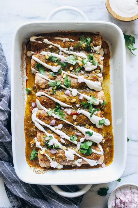 Vegan Butternut Squash Enchiladas- stuffed with roasted butternut squash, brussels sprouts, and black beans, these enchiladas are warming and packed full of nutrition!  #plantbased #veganglutenfree #healthymeals Squash Enchiladas, Recipes To Feed A Crowd, Butternut Squash Enchiladas, Vegan Casserole Recipes, Tacos Recipes, Vegan Butternut Squash, Postpartum Healing, Vegetarian Mains, Vegan Casserole