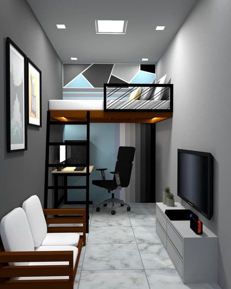 Teen Boy Bed Loft, Gamer Loft Bed Ideas, Loft Bed Office Ideas, Loft Bed With Gaming Area, Loft Bed Layout Ideas, Small Loft Office, Loft In Bedroom, Loft Bed Studio Apartment, Modern Loft Bedroom