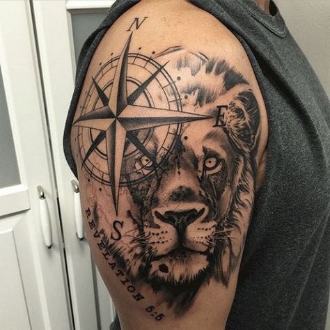 Replace the lion with a roarng one and Africa in the eye. Revelation Lion Compass Tattoos for Men Lion And Compass Tattoo, Upper Arm Tattoos For Guys, Lion Shoulder Tattoo, Compass Tattoo Men, Sanskrit Tattoo, Lion Head Tattoos, Compass Tattoo Design, Lion Tattoo Design, Upper Arm Tattoos