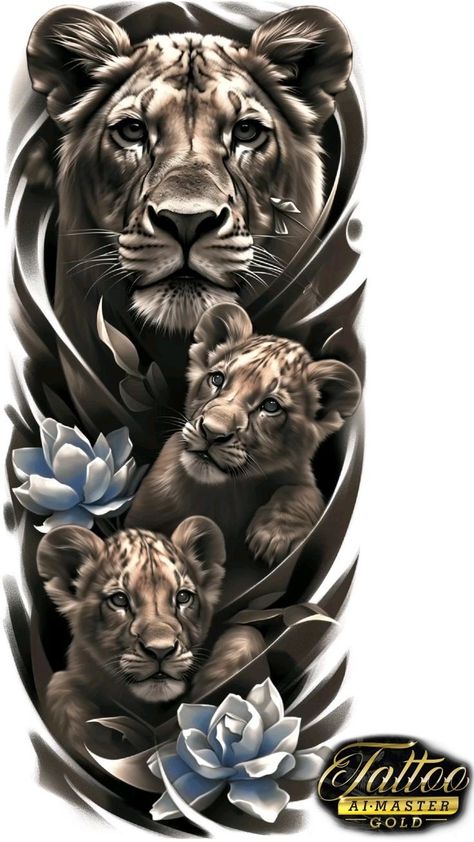 Lion Cubs Tattoo Design, Lioness And Cub Tattoo, Lioness Tattoo Design, Lion Stencil, Lioness And Cubs, Cubs Tattoo, Lioness Tattoo, Lion Tattoo Sleeves, Realistic Tattoo Sleeve