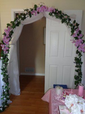 Wedding arch - finished? ***UPDATED PIC*** Now I think it's done! | Weddings, Do It Yourself, Style and Decor | Wedding Forums | WeddingWire How To Decorate A Wedding Arch, Mary Altar, Mesh Garland, Crystals Wedding, Wedding Backdrops, Pink And Gold Wedding, Arch Decoration, Tent Decorations, Crystal Wedding