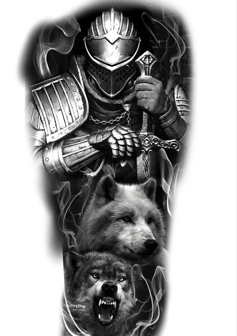 Wolf Tattoo Forearm, Norse Mythology Tattoo, Black Men Tattoos, Heaven Tattoos, Spartan Tattoo, Knight Tattoo, Full Sleeve Tattoo Design, Chicano Style Tattoo, Warrior Tattoos