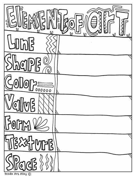 Elements of art - Classroom Doodles Classroom Doodles, Elementary School Projects, 7 Elements Of Art, Art Coloring Pages, Art Handouts, Middle School Art Projects, Classroom Art Projects, Art Theory, Art Basics