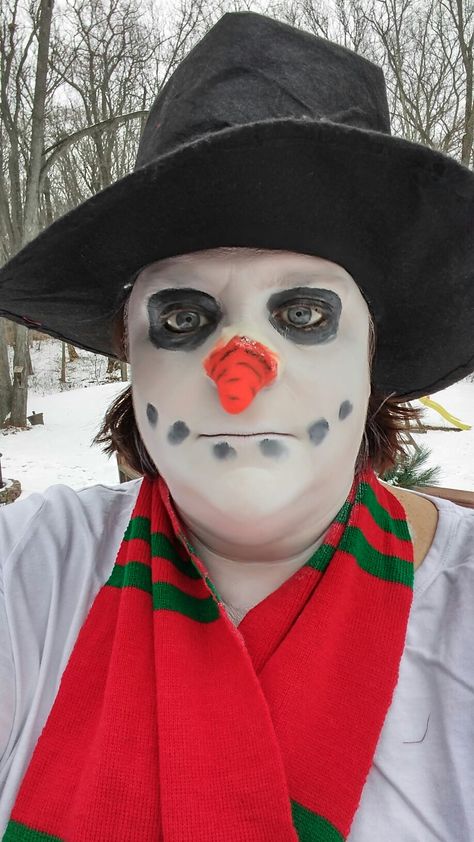 Snowman Make-up. With 3D carrot nose made from a piece of foam "egg crate" and applied with eyelash adhesive. Snowman Makeup Face, Snowman Face Paint, Snowman Makeup, Nightmare Before Christmas Costume, Snowman Costume, School Spirit Days, Nose Makeup, Egg Crates, Character Makeup