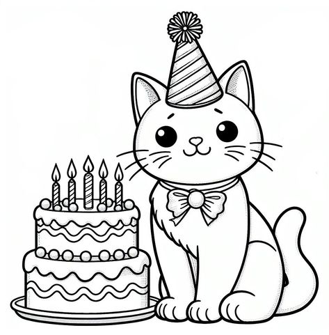 Cat With Party Hat, Birthday Cake Coloring Page, Cat Tea Party, Birthday Coloring Pages, Cat Birthday Card, Boy Drawing, Japanese Cat, Cat Coloring Page, Cats Love