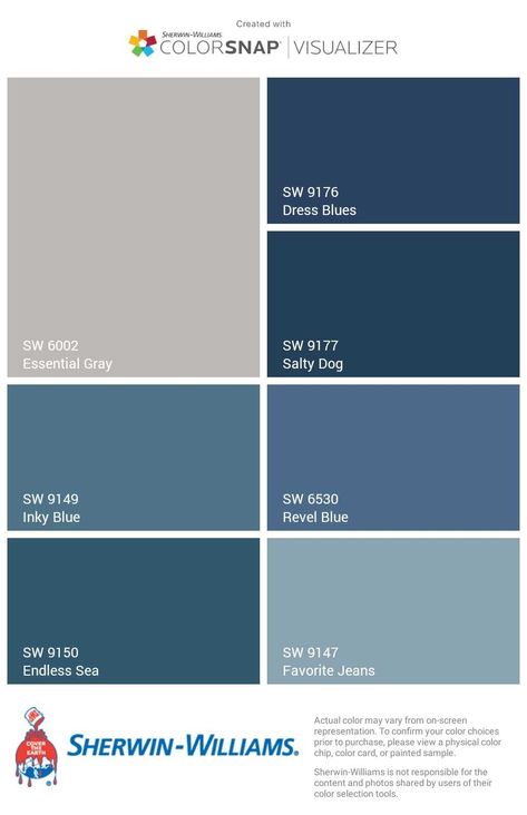 Dark Blue Exterior House Colors Paint, Pool Blue Paint Color, Sw Salty Dog Coordinating Colors, Wall Colors With Blue Cabinets, Wherein Williams Blue, Colors That Go With Indigo Blue, Blue House Paint Colors, Greys And Blues Palette, Searching Blue Sherwin Williams