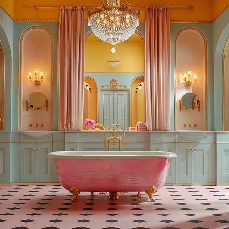 Colorful Luxury Aesthetic, Wes Anderson Bathroom, Colored Tile Bathroom, Coquette Bathroom, Neon Installation, Hollywood Regency Bathroom, 80s Interior, Pinterest Room Decor, Bathroom Inspo