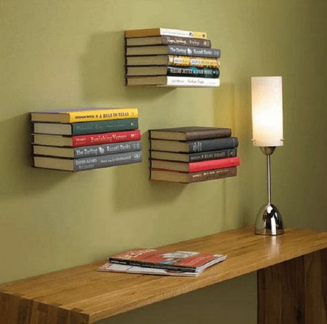 Cute Bookshelf Ideas, Diy Bookshelf Wall, Invisible Bookshelf, Invisible Shelves, Unique Bookshelves, Floating Books, Floating Bookshelf, Bookshelves In Bedroom, Diy Regal