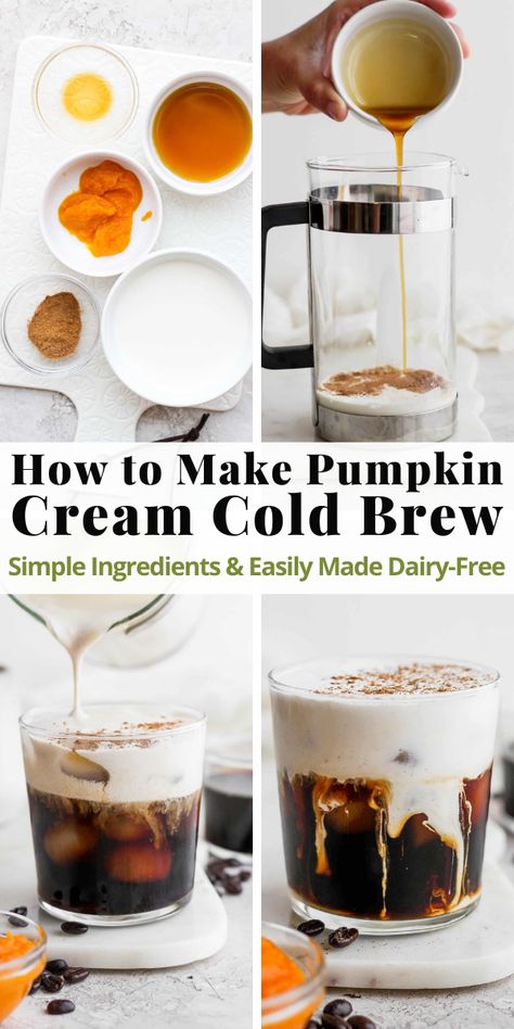 Homemade Pumpkin Spice Syrup, Fall Coffee Drinks, Pumpkin Cream Cold Brew, Pumpkin Spice Cream, Cream Cold Brew, Cold Brew Coffee Recipe, Cold Brew Recipe, Cold Brew At Home, Dairy Free Pumpkin