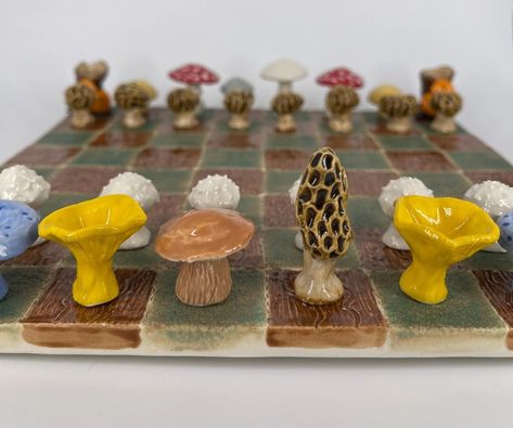 — Mushroom Chess Set // The Boord Potter Mushroom Chess Board, Mushroom Chess Set, Homemade Chess Set, Clay Chess Pieces, Mushroom Chess, Ceramic Games, Clay Chess Set, Homemade Ceramics, Ceramic Chess Set