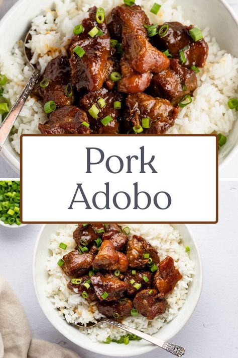 Tender, slow-cooked pork adobo is an easy recipe full of rich, tangy, slightly sweet flavors. Serve it over a bed of rice or on its own for a simple but delicious meal! Pork Adobo Recipe, Asian Pork Recipes, Pork Shoulder Recipes, Bowl Of Rice, Pork Adobo, Adobo Recipe, Slow Cooked Pork, Easy Chinese Recipes, Crockpot Pork