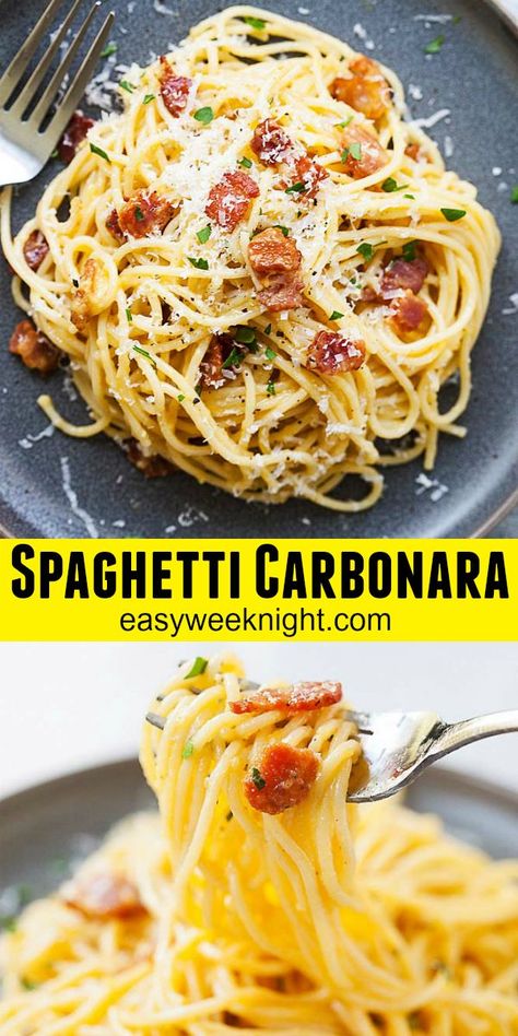 Easy Spaghetti Carbonara recipe - learn the authentic way Italian home cooks and restaurant chefs make Spaghetti alla Carbonara. Every strand of the pasta is coated in cheese and eggs. So delicious! @easyweeknight #dinner #pasta Spaghetti With Egg, Carbonara Recipe Creamy, Roman Pasta, Spaghetti Carbonara Recipe, Spaghetti Recipes Easy, Pasta Carbonara Recipe, Carbonara Sauce, Spaghetti Alla Carbonara, Dinner Pasta