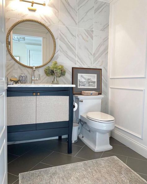 Grey Herringbone Tile Bathroom, Herringbone Tile Bathroom Floor, White Herringbone Tile Bathroom, Circle Vanity, Gray Herringbone Tile, Bathroom Accent Wall Ideas, Herringbone Tile Bathroom, Vertical Tile, Tile Bathroom Floor