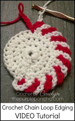 DIY Crochet Tutorial – How To Make Chain Loop Edging! – The Purple Poncho Crochet Diy Tutorial, Confection Au Crochet, Crochet Xmas, Crochet Coaster Pattern, Crochet Chain, Crochet Christmas Decorations, Crochet Simple, Holiday Crochet, Crochet Christmas Ornaments