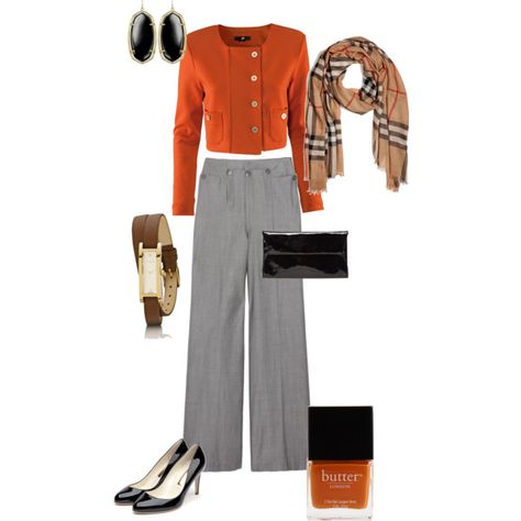 Kasey Orange And Grey Outfit, Pear Shape Fashion, Grey Pants Outfit, Pants Outfit Work, Office Attire Women, Shape Fashion, Fashion Everyday, Orange Outfit, Grey Outfit