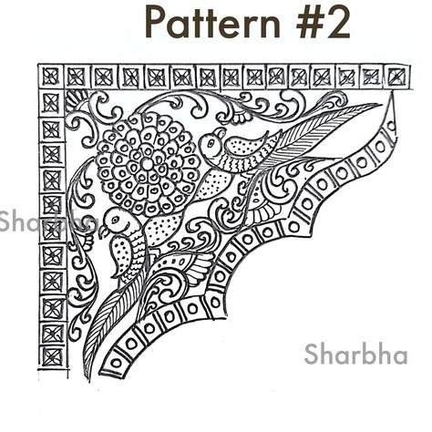 Peacock Designs for corner design in Tanjore Painting Tanjore Painting Corner Design, Tanjore Border Designs, Tanjore Painting Border Designs, Tanjore Painting Sketches Peacock, Tanjore Painting Sketches, Draw Parrot, Thanjavur Painting, Corner Pattern, Tanjore Art