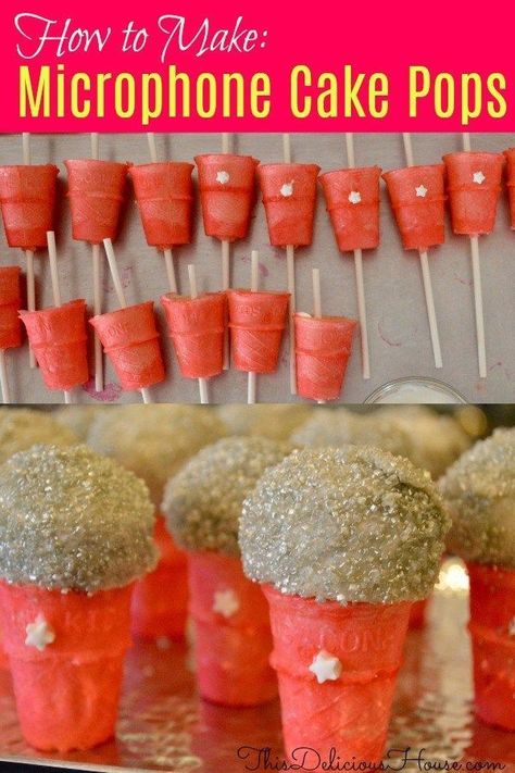 Cake Pop Microphone, Microphone Cupcakes Ice Cream Cones, 80s Theme Cake Pops, Edible Microphone, Microphone Cake Pops, Microphone Cupcakes, No Bake Oreo Cake, Cake Pops Tutorial, Microphone Cake