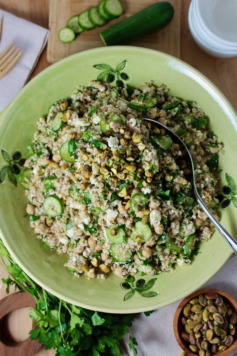 Girlfriends' Grain Salad Jennifer Aniston Salad, Aniston Salad, Grain Salad Recipes, Lunch On The Beach, Mini Cucumbers, Grain Salad, Wheat Berries, Lemon Mint, Garbanzo Beans