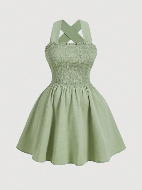 Plus Size Green Tie Back Bowknot Open Back Ruffle Hem Dress Green Boho  Sleeveless Woven Fabric Plain Cami Slight Stretch  Women Plus Clothing, size features are:Bust: ,Length: ,Sleeve Length: Short Green Dress Casual, Cute Dresses Simple, Pastel Green Clothes, Cute Green Outfits Aesthetic, Sage Green Dress Casual, Cute Outfits Green, Casual Birthday Dress, Cute Green Outfits, Dresses For Dances