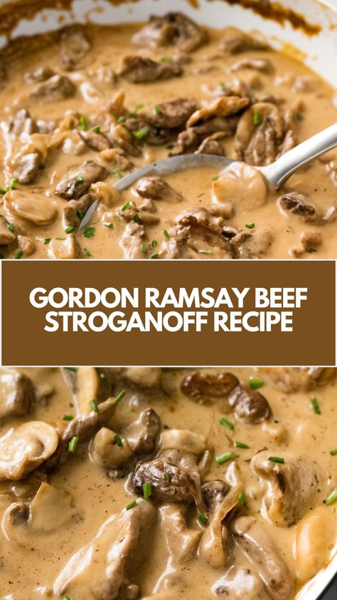 This delicious Beef Stroganoff, inspired by Gordon Ramsay, is a quick and creamy comfort meal perfect for busy weeknights. Packed with tender beef, golden mushrooms, and a rich, tangy sauce, it’s a dish that feels fancy but uses simple, everyday ingredients. Serve it over pasta or noodles for an easy dinner everyone will love! Beef Stroganoff No Noodles, Stroganoff With Leftover Roast, Filet Stroganoff Recipe, Beef Stroganoff Pasta Recipe, Beef Stroganoff Over Mashed Potatoes, Gordon Ramsay Pork Chops, Beef Stroganoff With Prime Rib, Beef Stroganoff Creamy, German Beef Stroganoff