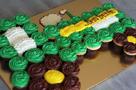 Tractor Cupcake Cake, John Deere Cupcakes, Tractor Cupcakes, Tractor Birthday Cakes, Tractor Cake, First Birthday Cupcakes, Farm Cake, Tractor Birthday, John Deere Tractor