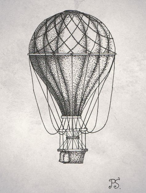 Airbaloon Tattoo, Baloon Drawings Sketches, Airship Tattoo, Hot Air Balloon Sketch, Sleeve Sketch, Hot Air Balloon Drawing, Pointillism Tattoo, Hot Air Balloon Tattoo, Air Balloon Tattoo