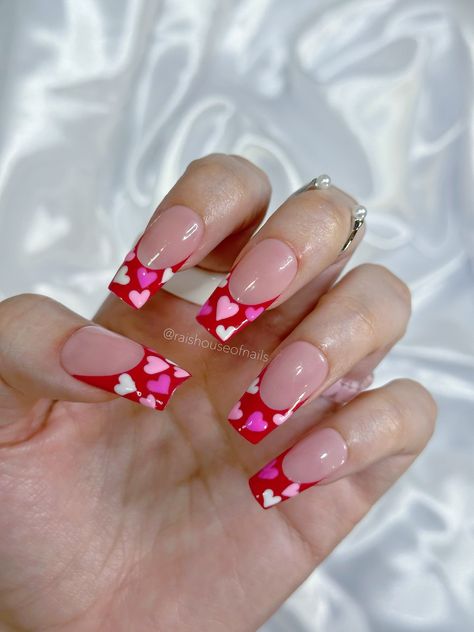 Medium Nails Valentines Day, Valentines Day French Tip Nails Short, Girly Acrylics, Nails Sets, February Nails, French Pink, Nail Prep, Nail Sets, Nails Red