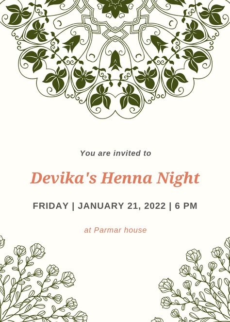 Henna Night Invitation Card, Henna Night Invitation, Henna Night, Lehenga Wedding, Gold Party, Green Wedding, You Are Invited, Invitation Card, Invitation Cards