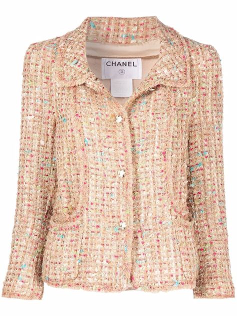 Sand beige/multicolour wool cotton-blend 2004 classic collar tweed jacket from Chanel Pre-Owned featuring tweed, classic collar, front button fastening, crop sleeves, buttoned cuffs, two front patch pockets, straight hem, full lining and circa 2004. POSITIVELY CONSCIOUS: Purchasing this item continues its narrative and reduces the environmental impact of using new resources. You can be confident that you’re making a better choice for the Planet.. | Chanel Pre Owned 2004 Classic Collar Tweed Jack Chanel Inspired Jacket, Dreams List, Chanel Tweed Jacket, Mode Chanel, Chanel Tweed, Chanel Jacket, Shopping Chanel, Wildest Dreams, Antique Clothing