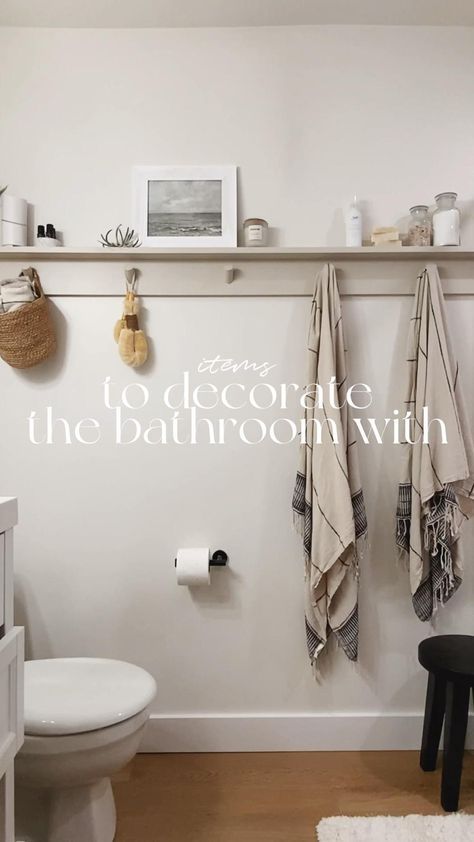 #bathroomstorage #bathroomdecorideas #bathroominspo High Shelves In Bathroom, Bathroom Long Shelf, Extra Space In Bathroom What To Do With, Modern Farmhouse Bathroom Towel Rack, Storage Solutions For Bathrooms, Shelf Over Vanity Bathroom, Small Bathroom Ideas Above Toilet, Bathroom Wall Styling, Minimalism Bathroom Organization