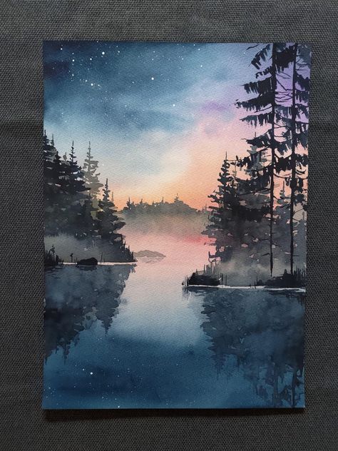 Watercolor Art Night, Watercolor Skies, Watercolour Sky, Night Sky Watercolor, Watercolour Bookmarks, Lake At Night, Foggy Lake, Watercolor Night Sky, Art 101