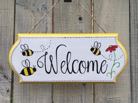 Painted Welcome Sign, Bee Hives Diy, Hope Crafts, Brick Painting, Spring Signs, Bumble Bee Craft, Wood Log Crafts, Brick Crafts, Spring Wood Crafts