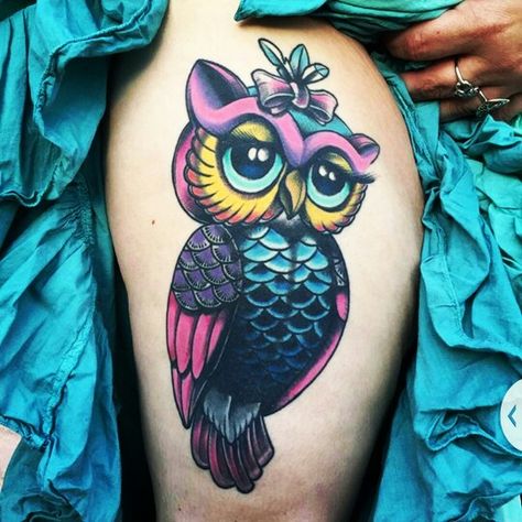 Owl tattoo,  traditional style, Holly City Tattoo, girls with tattoos,  color saturation,  free hand tattoos Colorful Owl Tattoo, Tattoos Color, Cute Owl Tattoo, Free Hand Tattoo, City Tattoo, Owl Tattoo Design, Tattoos Geometric, Tattoo Traditional, Tattoo Girls