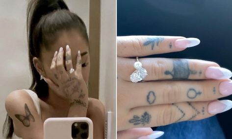 Ariana Grande Engagement Ring, Ariana Grande Engagement, Dalton Gomez, Wedding Dress Reveal, Celebrity Brides, Ariana Grande Tattoo, Celebrity Rings, Special Engagement Ring, Celebrity Bride