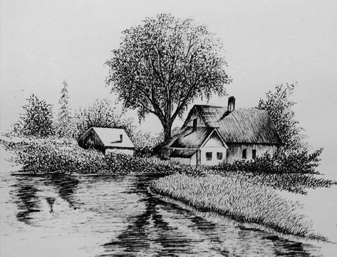 Village Pencil Sketch, Charcoal Scenery, Pencil Shading Scenery, Easy Charcoal Drawings, Easy Drawing Ideas For Beginners, Pencil Sketches Landscape, Drawing Still Life, Micron Pen Art, Village Scenery