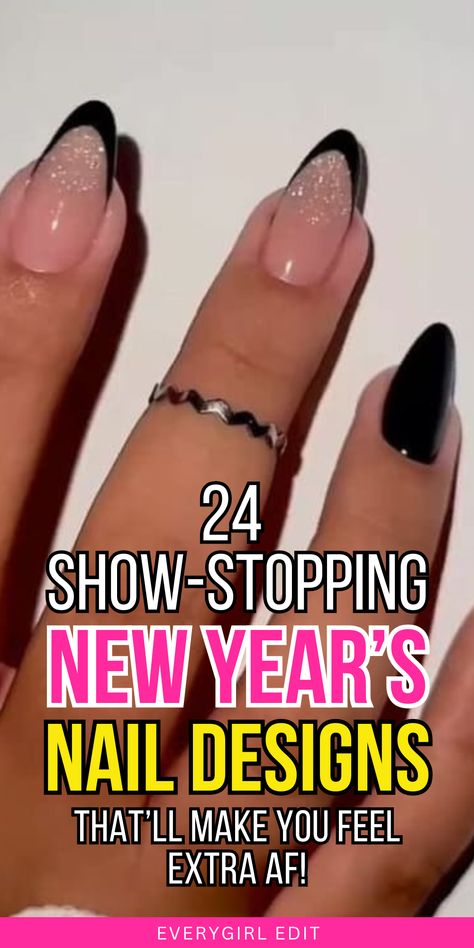 new year's nails, new year's nail designs, new year's nail art, new year's nail ideas, new year's inspo, new year's nails 2024, new year's nails 2025, new year's nail designs 2024, new year's nail designs 2025, best new year's nails, best new year's nail designs. Nye Nail Designs Short, New Years Goth Nails, Rock N Roll Nail Ideas, Simple Nail Designs For New Years, New Year Nails Almond Shape, Black And Gold French Tip Nails Short, New Years Nail Designs Almond Shape, New Year French Tip Nails, Almond Shape New Years Nails